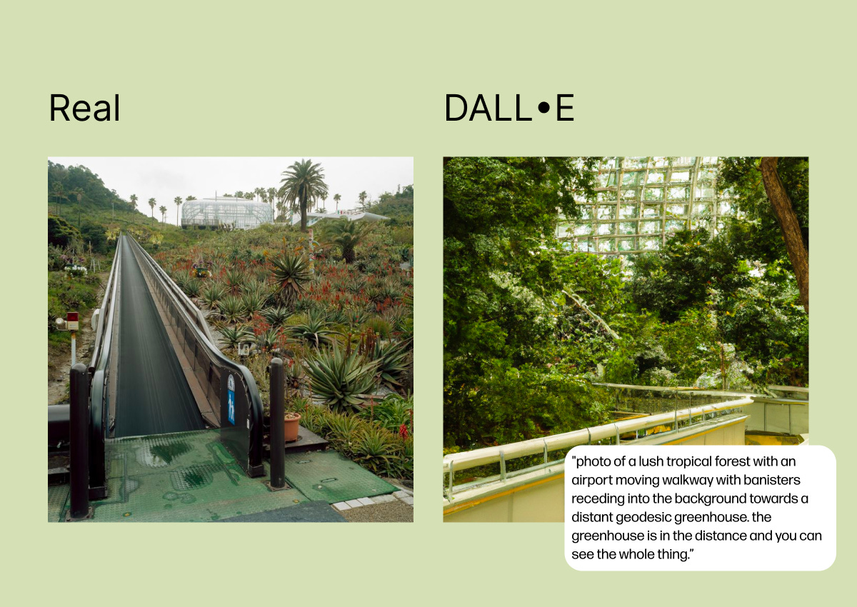 two images, one a real photo of an escalator going across a green landscape, and one generated by AI. prompt: photo of a lush tropical forest with an airport moving walkway with banisters receding into the background towards a distant geodesic greenhouse. the greenhouse is in the distance and you can see the whole thing.