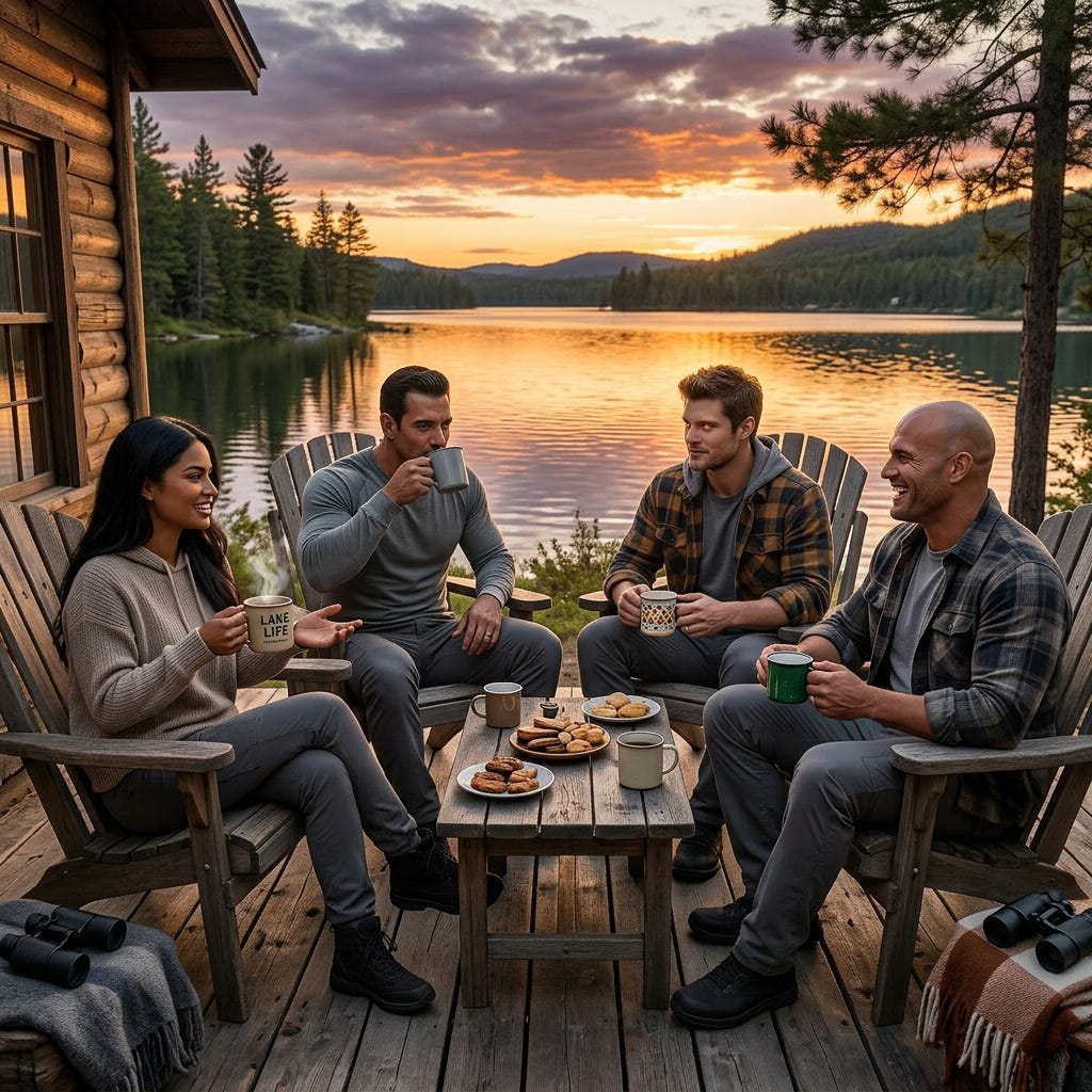 The four characters in casual clothing, sitting on a cabin patio, overlooking a lake at sunset, drinking tea from coffee cups, engaged in casual conversation The four characters in casual clothing, sitting on a cabin patio, overlooking a lake at sunset, drinking tea from coffee cups, engaged in casual conversation