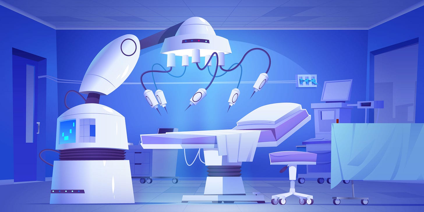 surgery bed with robot on top of it. no humans in the room