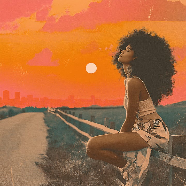 A black woman sits on the fence looking to a city skyline on the horizon.