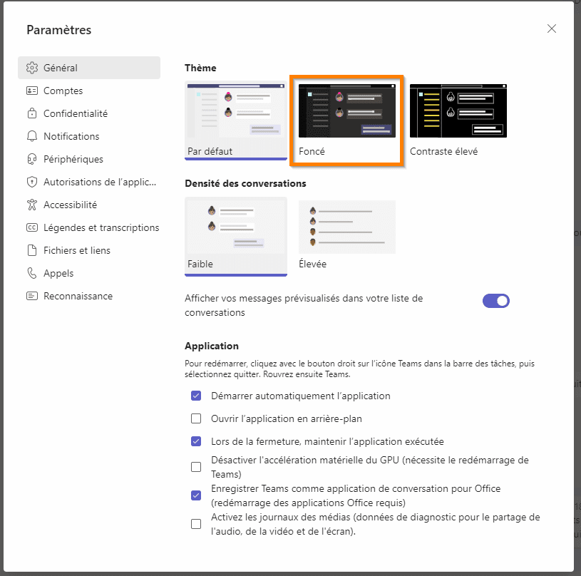 dark mdoe teams 365 explication paramètres