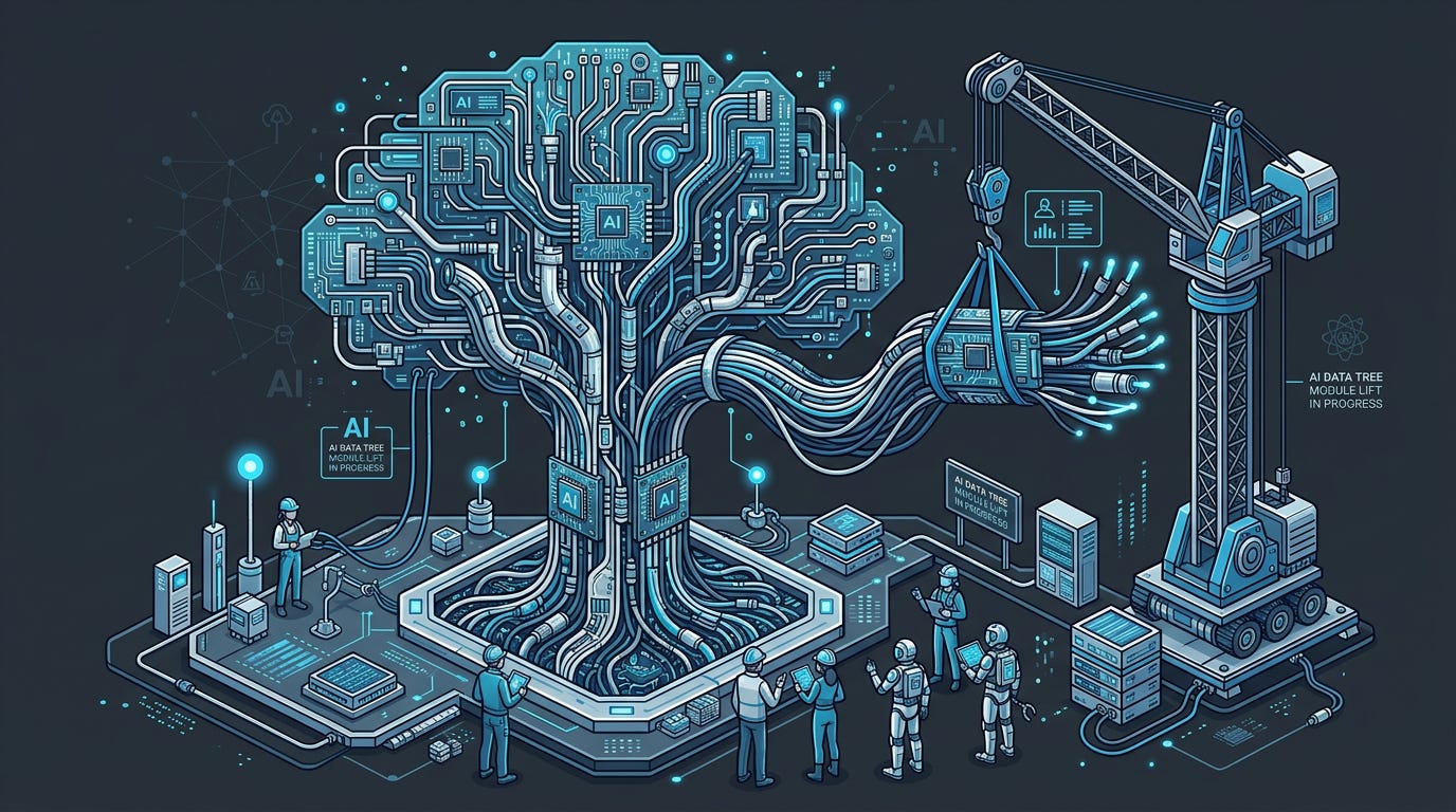 Flat isometric illustration of a giant tree made from circuit boards and data cables, one of its largest branches being carefully lifted away by a crane while smaller engineers watch below, dark charcoal background, clean vector art style, blue and silver color palette, modern AI industry editorial aesthetic Flat isometric illustration of a giant tree made from circuit boards and data cables, one of its largest branches being carefully lifted away by a crane while smaller engineers watch below, dark charcoal background, clean vector art style, blue and silver color palette, modern AI industry editorial aesthetic