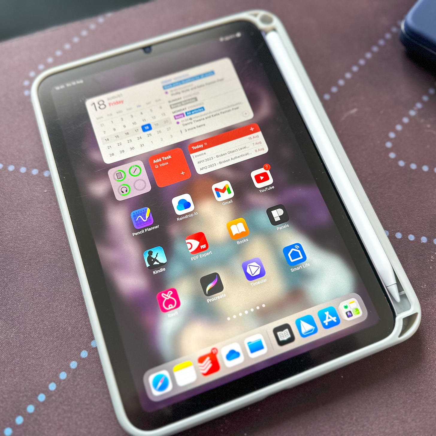 An iPad mini 5 in a grey case, with an Apple Pencil attached to the side and various apps on the homescreen