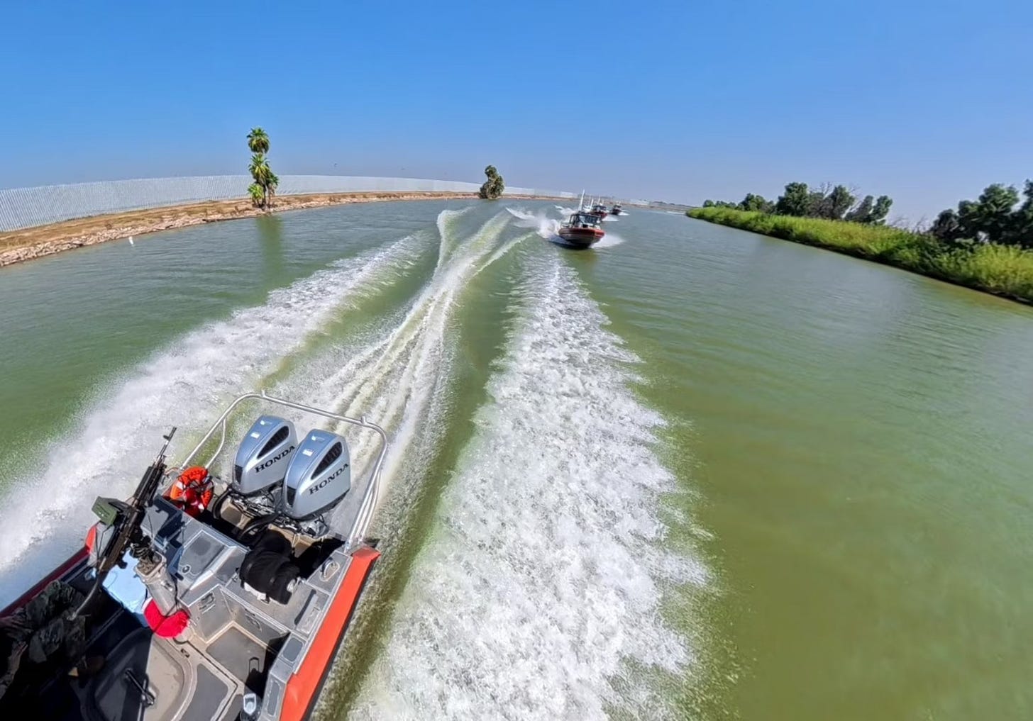 US Coast Guard “riverine” small boat crews patrol the Rio Grande border between Texas & Mexico during “Operation River Wall.” (US Coast Guard photo) US Coast Guard “riverine” small boat crews patrol the Rio Grande border between Texas & Mexico during “Operation River Wall.” (US Coast Guard photo)