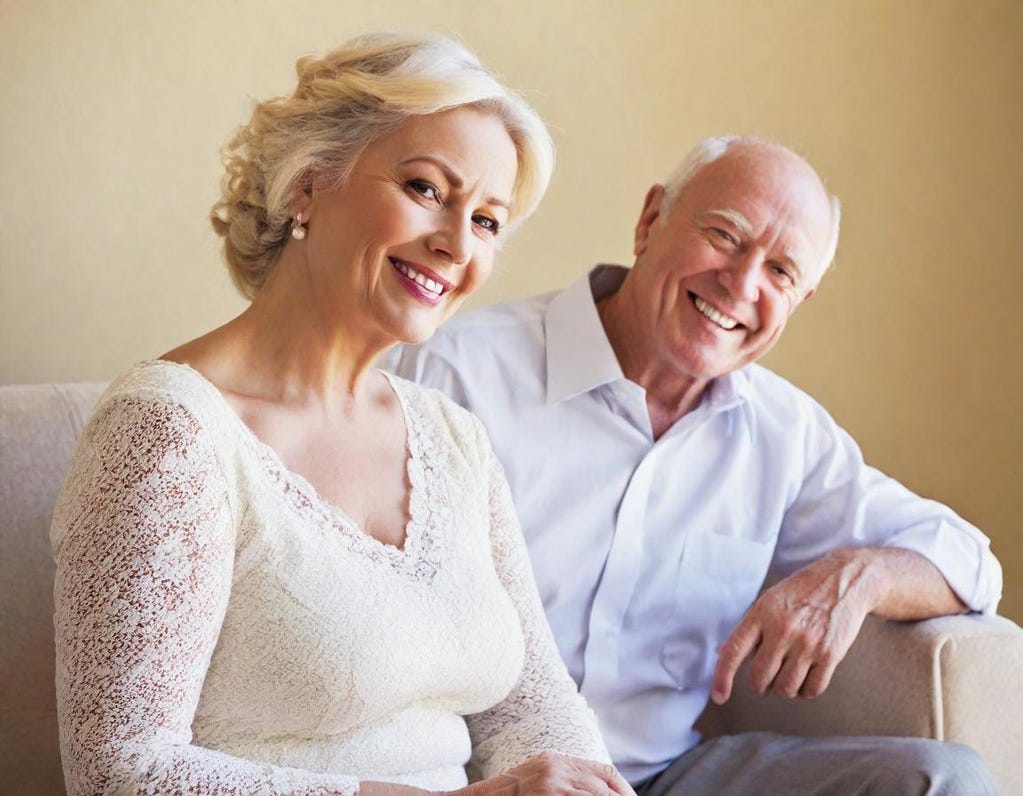 Portrait of white couple sitting on a sofa, smiling and looking into the camera. Both have no glasses. Man is balding. He has a light blue shirt with no tie. His left arm is rested on the sofa’s side arm. Woman is blonde-grayish and wears a beige top.