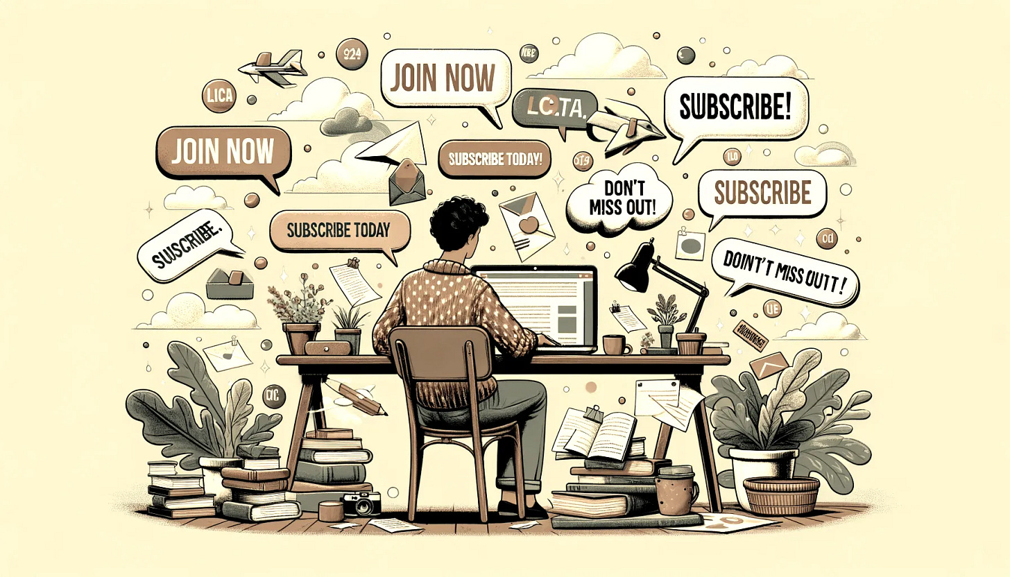 A landscape illustration of a writer at a desk, thoughtfully crafting call-to-action (CTA) phrases to attract subscribers. The writer is surrounded by floating text bubbles with various CTA phrases like 'Join Now,' 'Subscribe Today,' and 'Don’t Miss Out!' The scene is lively and engaging, with a laptop open and a cozy, creative workspace that includes books, a coffee cup, and notes. The image captures the excitement and creativity involved in building engagement and attracting subscribers. A landscape illustration of a writer at a desk, thoughtfully crafting call-to-action (CTA) phrases to attract subscribers. The writer is surrounded by floating text bubbles with various CTA phrases like 'Join Now,' 'Subscribe Today,' and 'Don’t Miss Out!' The scene is lively and engaging, with a laptop open and a cozy, creative workspace that includes books, a coffee cup, and notes. The image captures the excitement and creativity involved in building engagement and attracting subscribers.