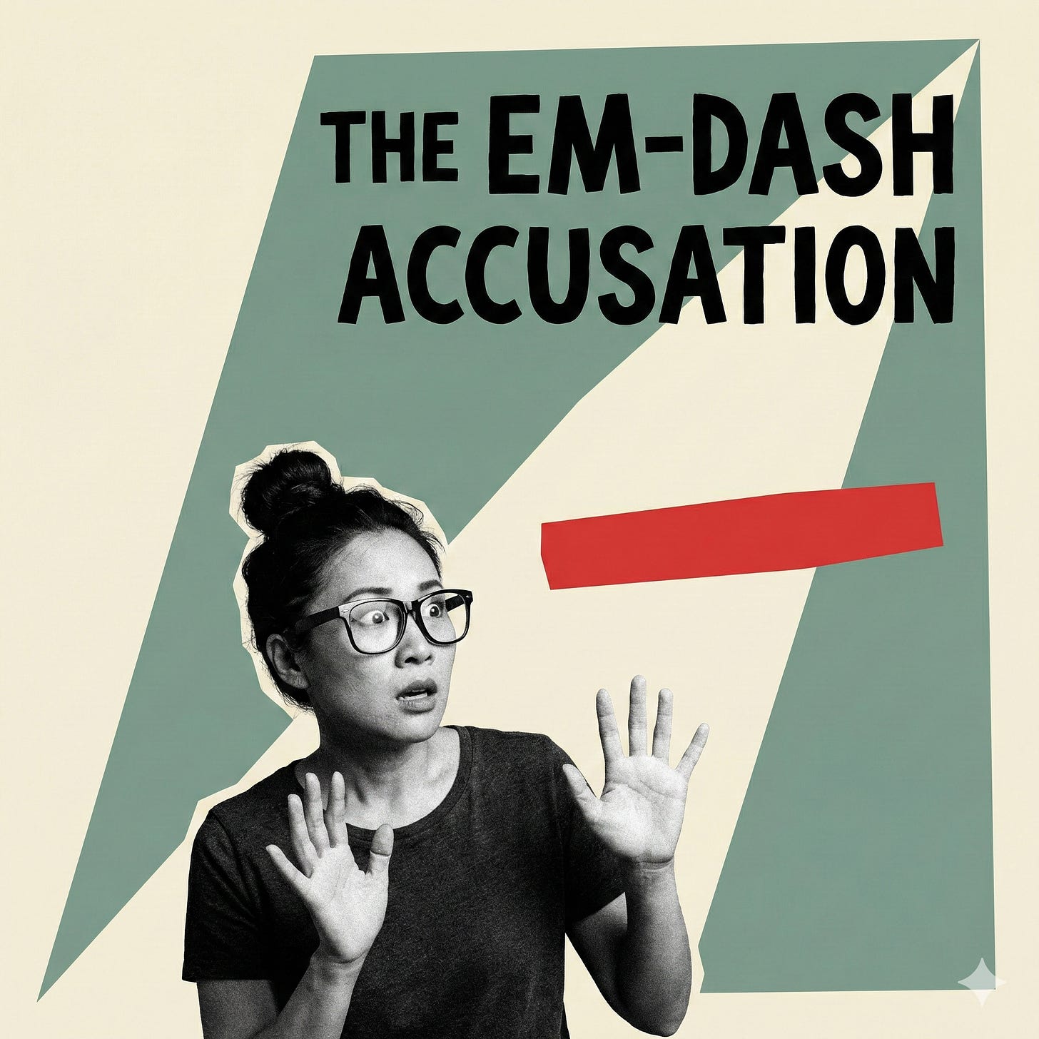 Woman with glasses and hair in a bun holds her hands up defensively, looking alarmed. A red em-dash floats beside her. Text reads 'THE EM-DASH ACCUSATION' against a teal geometric background.