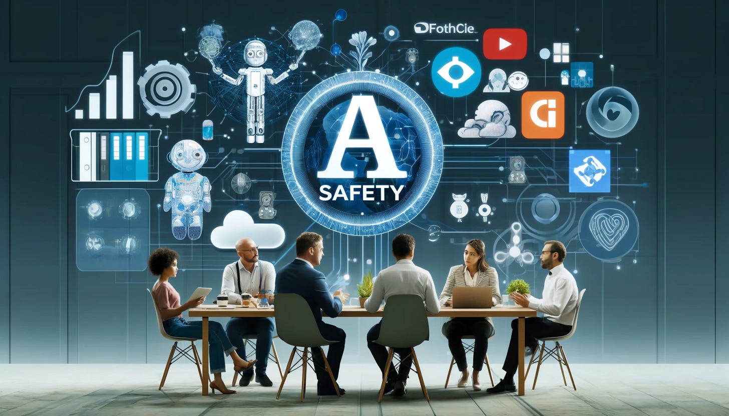 A group of AI professionals discussing AI safety. The setting is a modern, tech-focused office with elements representing major AI companies like OpenAI, Anthropic, Google, and Microsoft. The mood is collaborative, with a focus on ethical AI development and responsible innovation. Include visual elements like company logos and abstract symbols representing AI safety and cooperation.