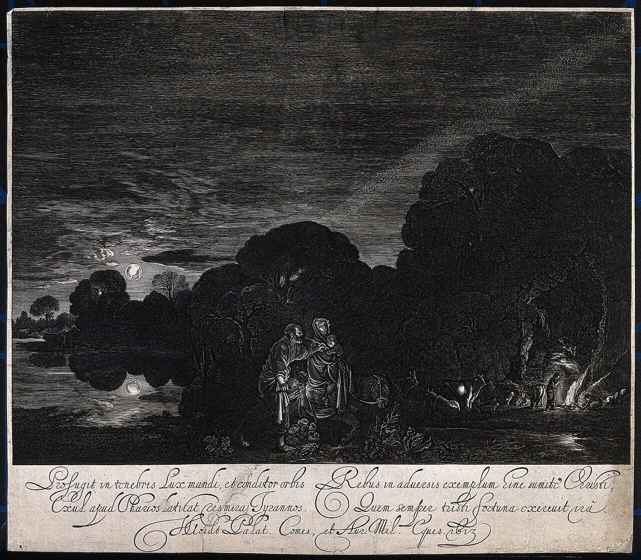 A holy family travels by torchlight under a detailed night sky with the moon, Milky Way and stars A holy family travels by torchlight under a detailed night sky with the moon, Milky Way and stars