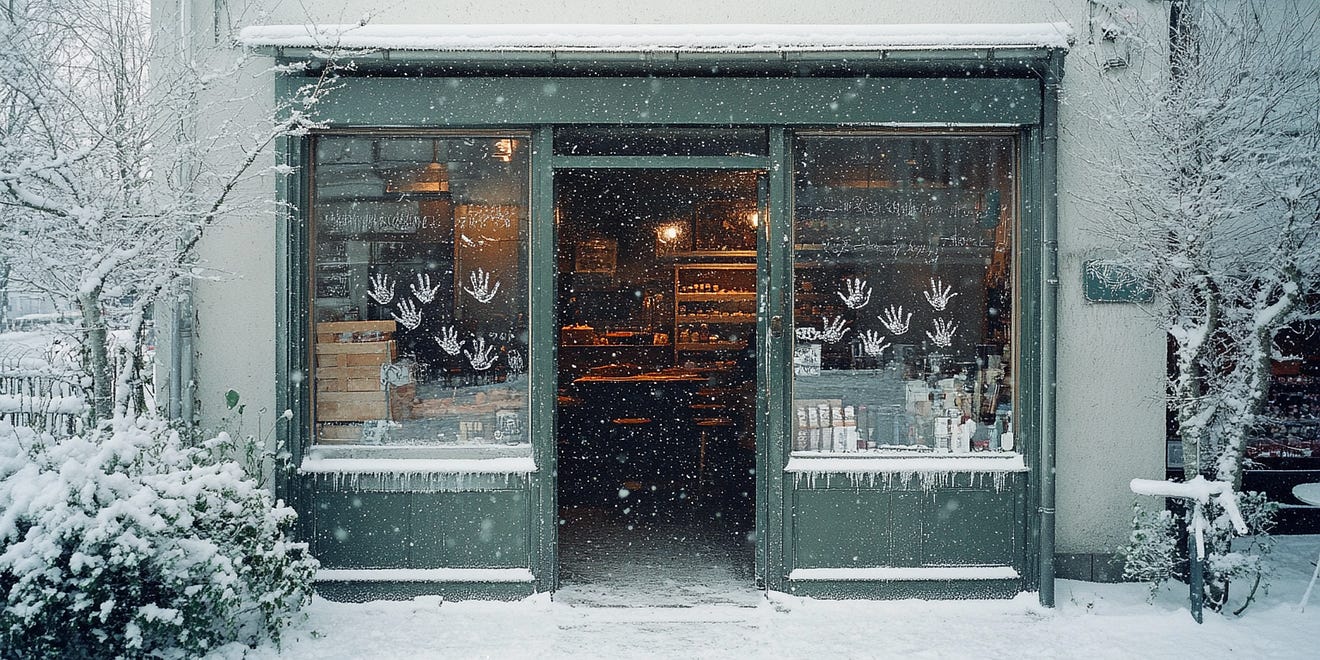 Cozy storefront in winter with snow-covered surroundings and handprints of children on the windows. The shop’s interior is warmly lit, creating a welcoming contrast to the snowy exterior. Icicles hang from the window sills, adding to the wintery charm.