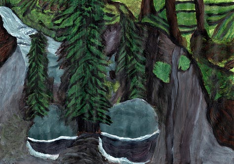 A fort within the center of a pond within a forest.