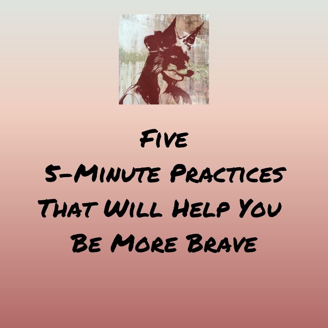Graphic with the text "Five 5-Minute Practices That Will Help You Be More Brave" above the text is the logo of a drawing of a girl wearing a realistic fox mask, the logo for Be Your Own Hero Graphic with the text "Five 5-Minute Practices That Will Help You Be More Brave" above the text is the logo of a drawing of a girl wearing a realistic fox mask, the logo for Be Your Own Hero