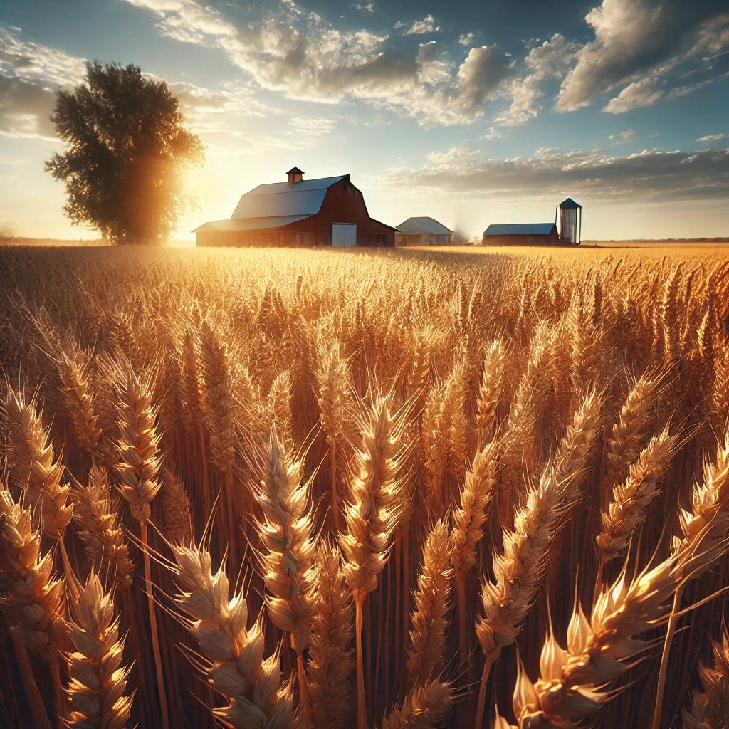 A vast, golden wheat field at harvest time, stretching to the horizon under a clear blue sky. The ripe wheat stalks are tall and full, gently swaying in the breeze, with sunlight illuminating their golden hues. In the distance, a rustic barn and a lone tree add depth to the peaceful rural landscape. The atmosphere is serene and abundant, symbolizing harvest and fulfillment.