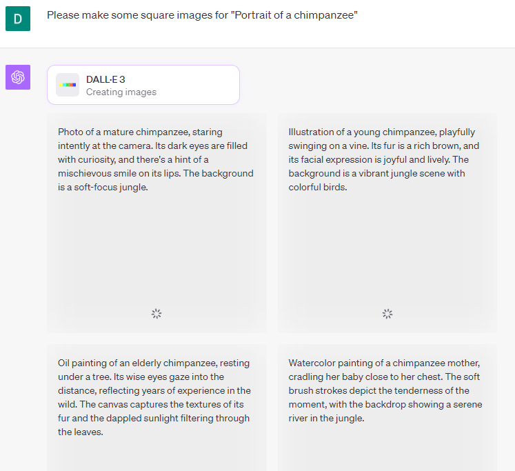 DALL-E 3 making 4 images for "portrait of a chimpanzee"