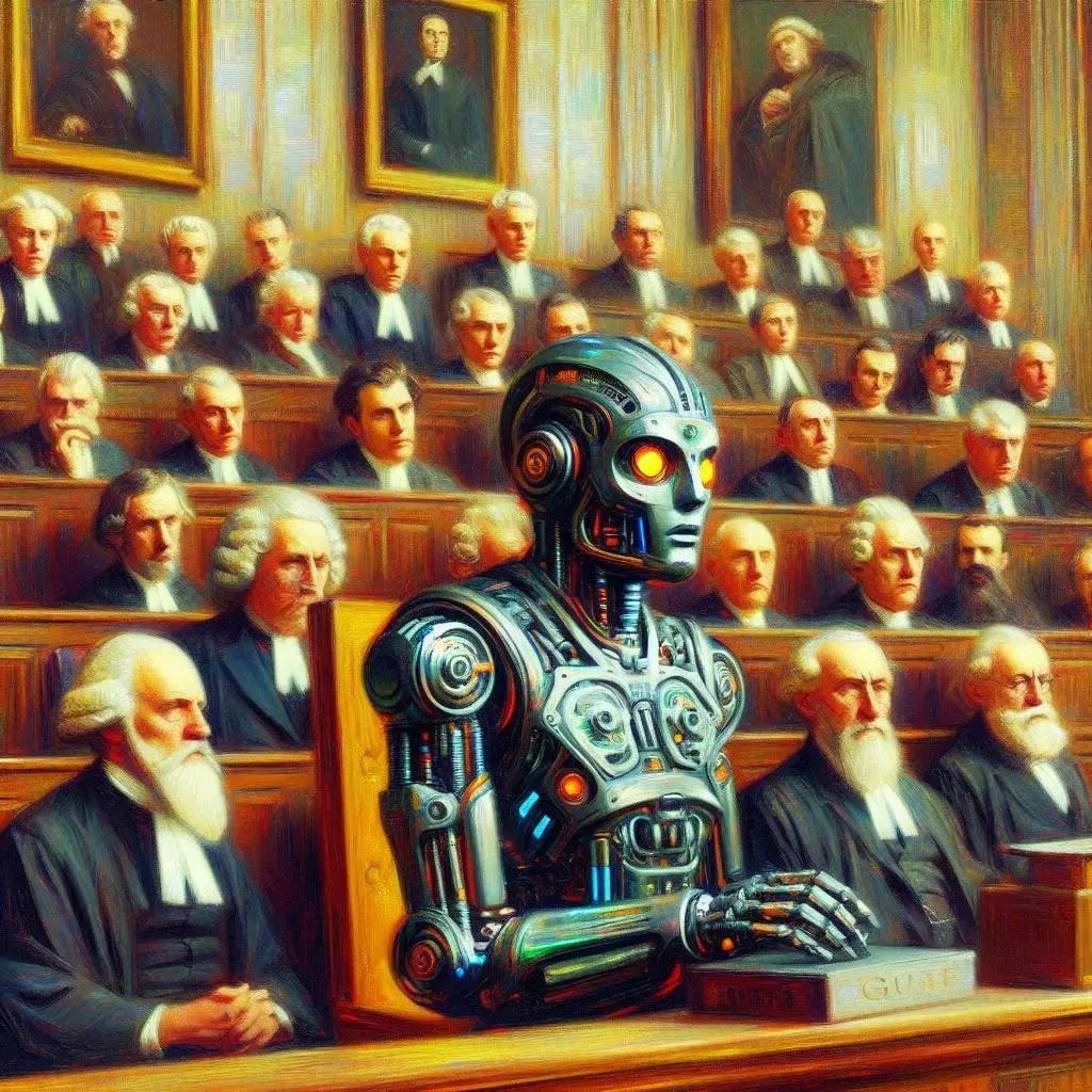 A very high-tech robot judge presides over a courtroom full of famous literary figured from the past. Slight impressionist style. A very high-tech robot judge presides over a courtroom full of famous literary figured from the past. Slight impressionist style.