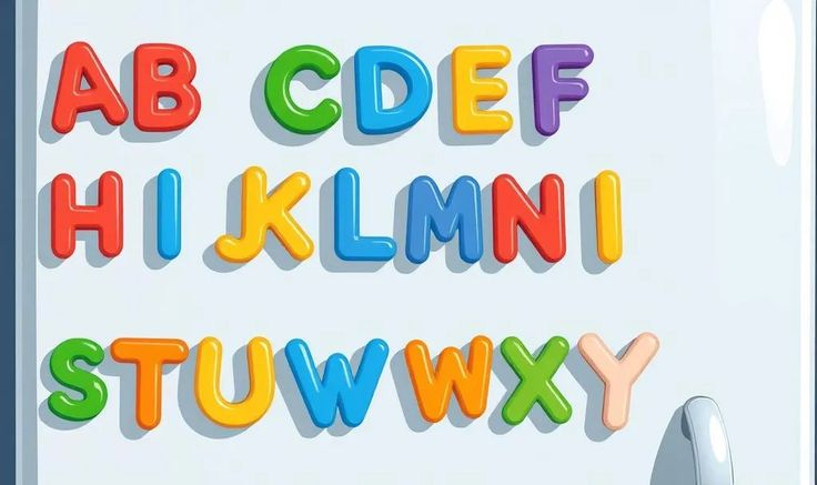An illustration of multicoloured magnetic alphabet letters on a fridge door