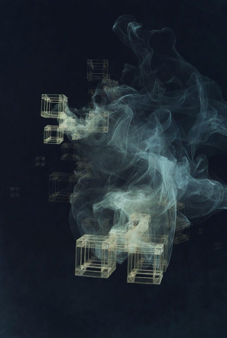 An abstract illustration of contingency with dissolving geometric forms on a dark background. An abstract illustration of contingency with dissolving geometric forms on a dark background.