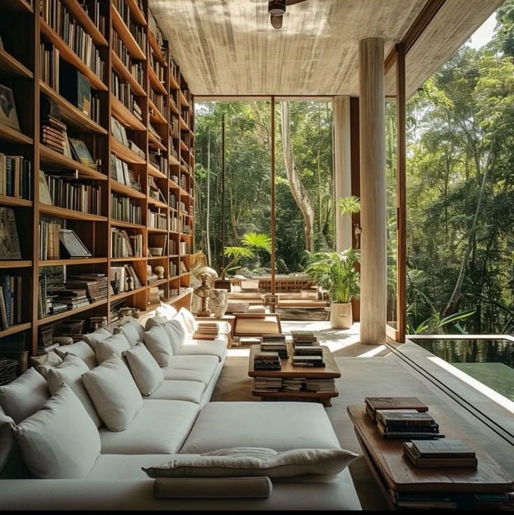 This may contain: a living room filled with white couches and lots of books on the shelves in front of them