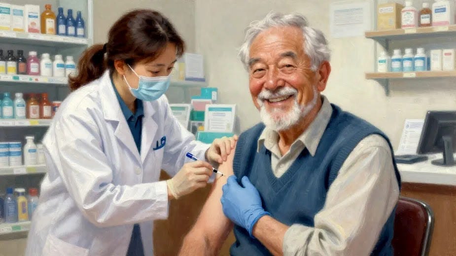 A smiling healthy senior getting a vaccination at a pharmacy A man receives a vaccine from a healthcare worker in a pharmacy setting.