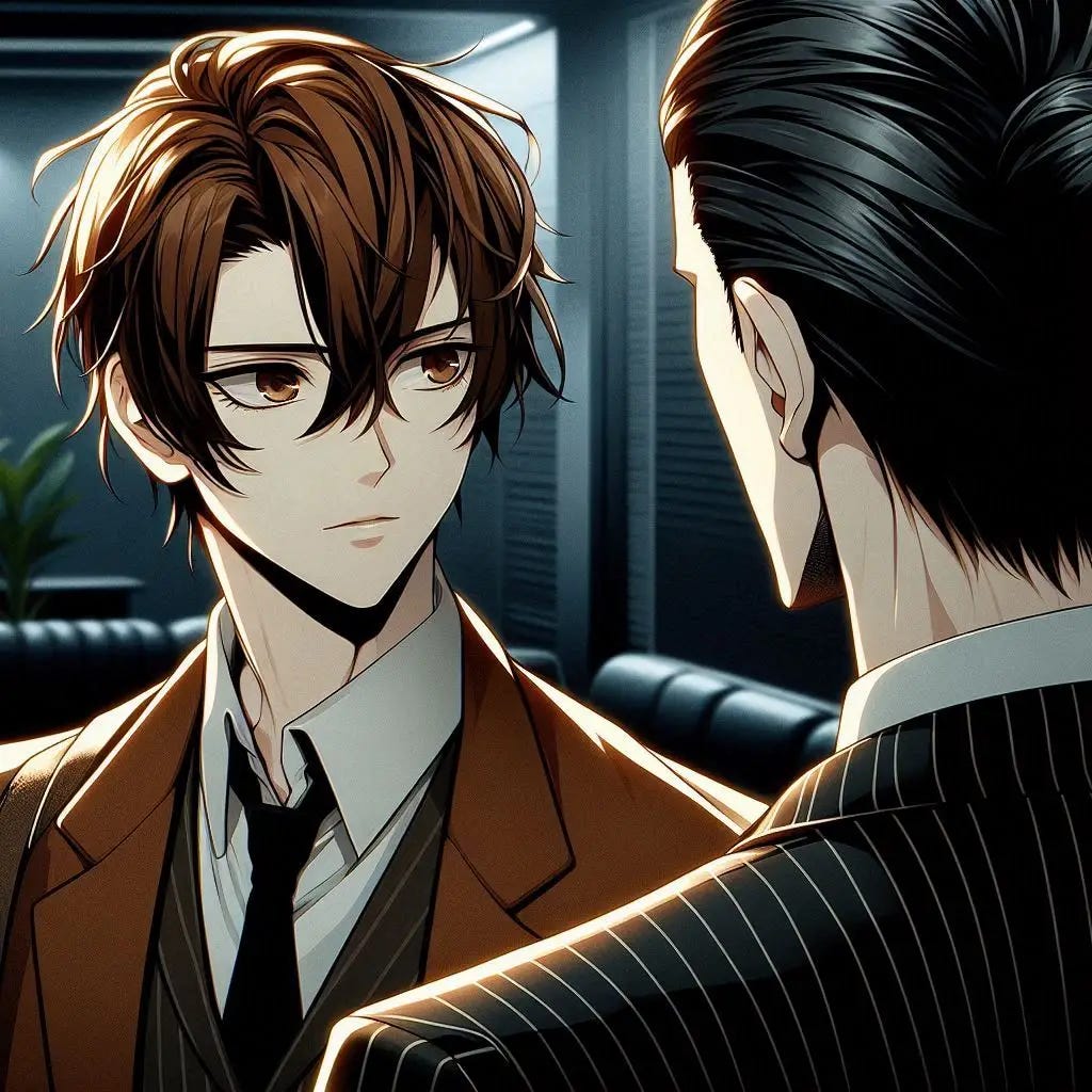A looking young man with brown hair and a brown blazer white shirt and black tie standing in a dark waiting room and speaking with a well kempt man who wears a pinstripe suit and have black slick back hair. anime art style. dark. modern. side view.