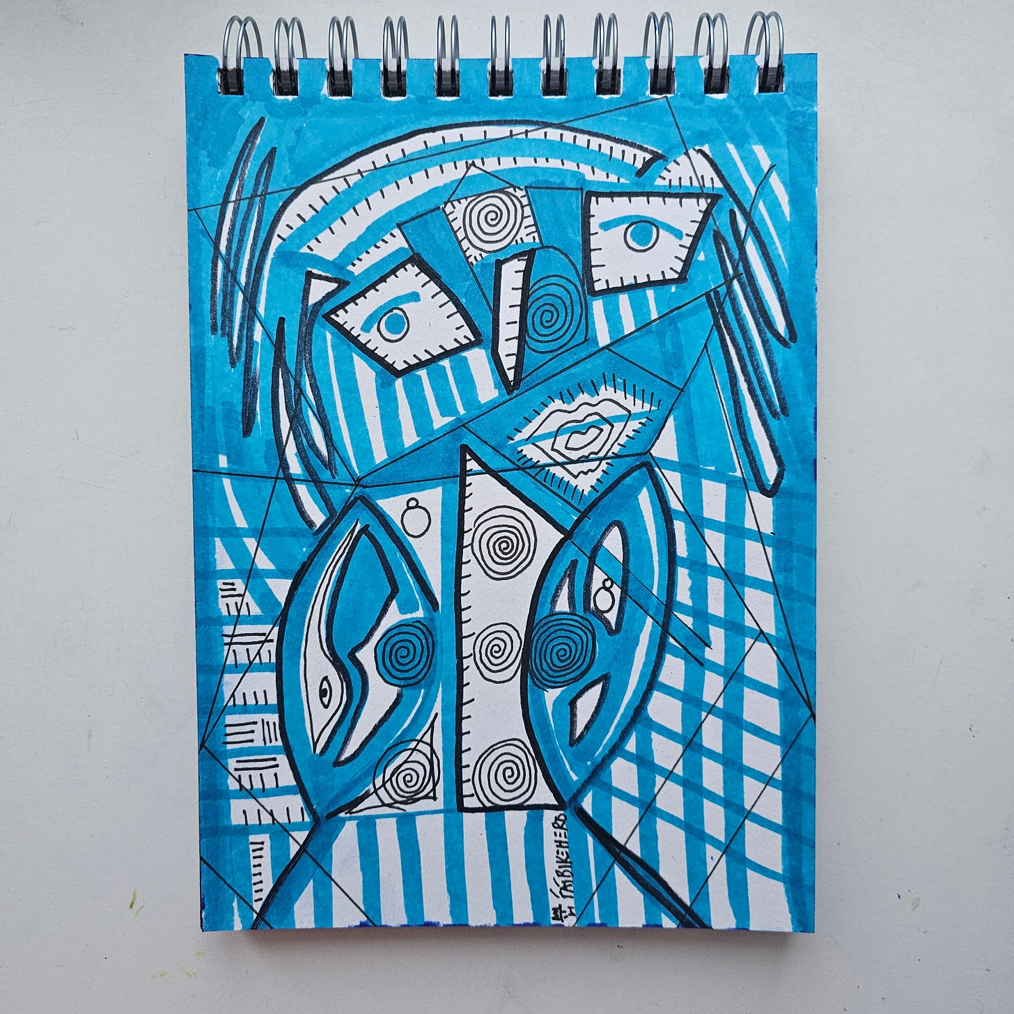 "A vertical marker drawing in blue and white by artist FatbikeHero. The artwork depicts a stylized, geometric portrait of a figure with wide eyes and spiral patterns on their cheeks and chin. The face is fragmented into angular shapes. The background features a mix of vertical stripes and a checkered grid pattern, resembling a digital wireframe. Signed 'FatbikeHero' near the bottom center." "A vertical marker drawing in blue and white by artist FatbikeHero. The artwork depicts a stylized, geometric portrait of a figure with wide eyes and spiral patterns on their cheeks and chin. The face is fragmented into angular shapes. The background features a mix of vertical stripes and a checkered grid pattern, resembling a digital wireframe. Signed 'FatbikeHero' near the bottom center."