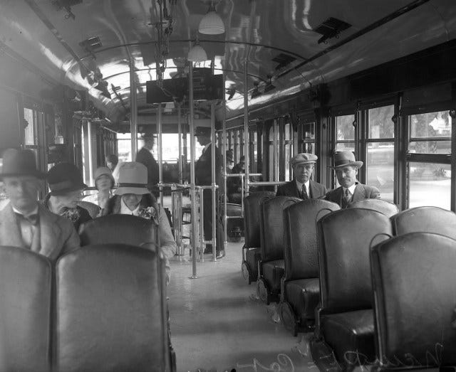 Interior photograph of a Pacific Electric street car, Los Angeles, circa 1920