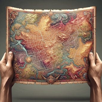 A colourful map without scale or legend 