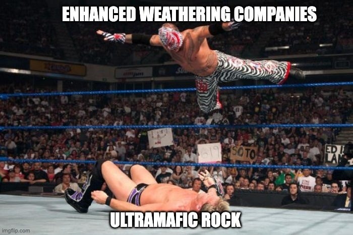 A wrestler in zebra-print tights diving off the top rope onto an opponent, labelled "Enhanced weathering companies" landing on "Ultramafic rock."
