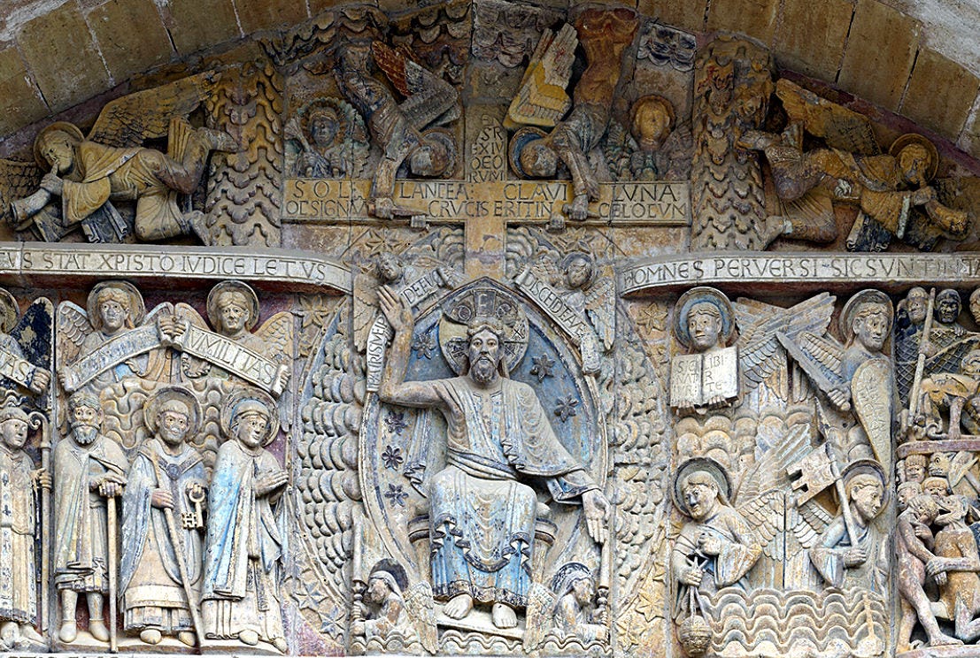 Detail of the tympanum of the abbey church of Conques – Christ, judge and victor
