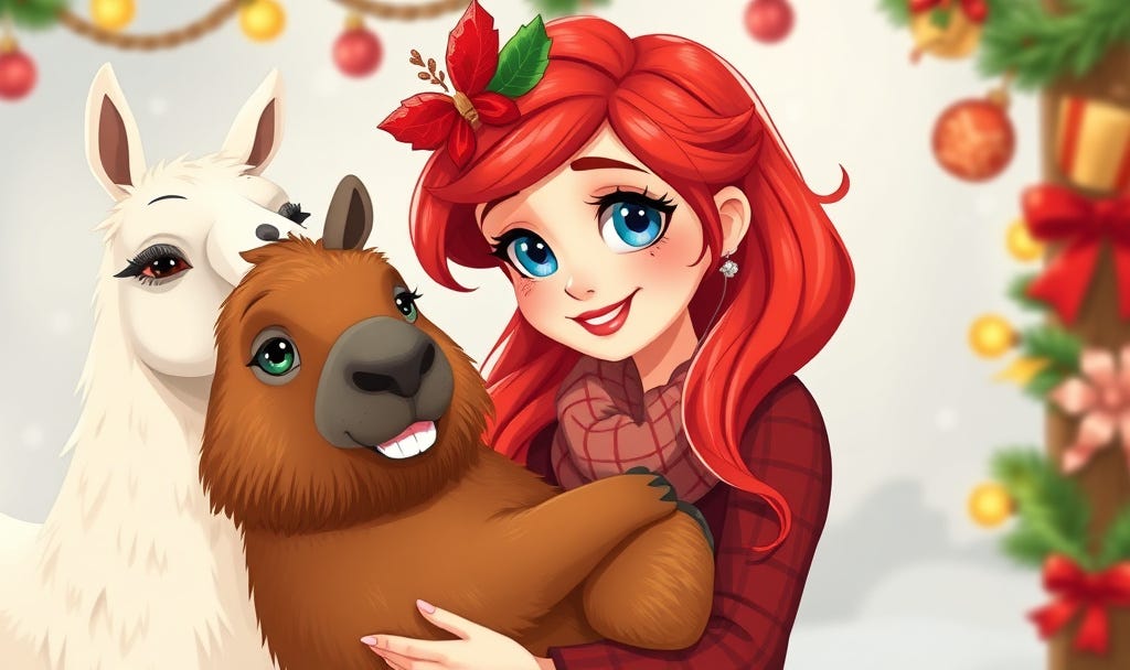 cartoon woman with red hair and blue eyes in christmas decorations holding a capybara with a llama nearby