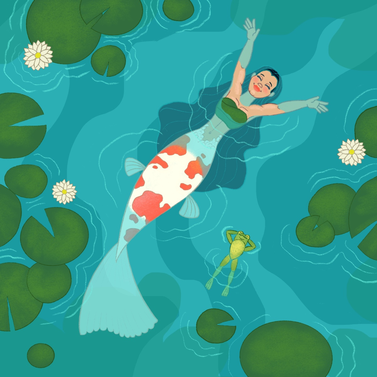 A cartoon of a mermaid in a pond

Description automatically generated