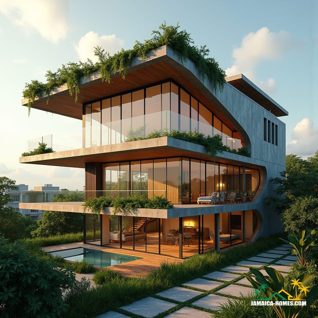 Futuristic co-living space in New Kingston, Jamaica, designed for young professionals. 