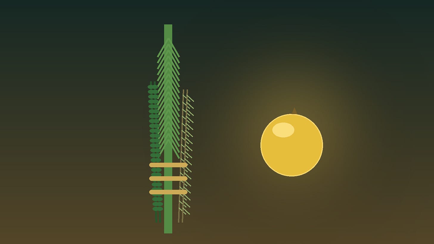 Stylized illustration of the four kinds of Sukkot: a lulav bound with myrtle and willow branches by three rings, beside a glowing yellow etrog.