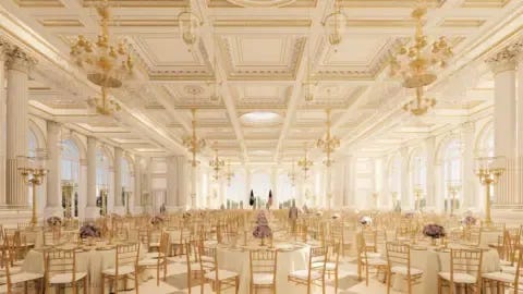 White House Rendering of the gold and white interior of the White House's ballroom design. White House Rendering of the gold and white interior of the White House's ballroom design.