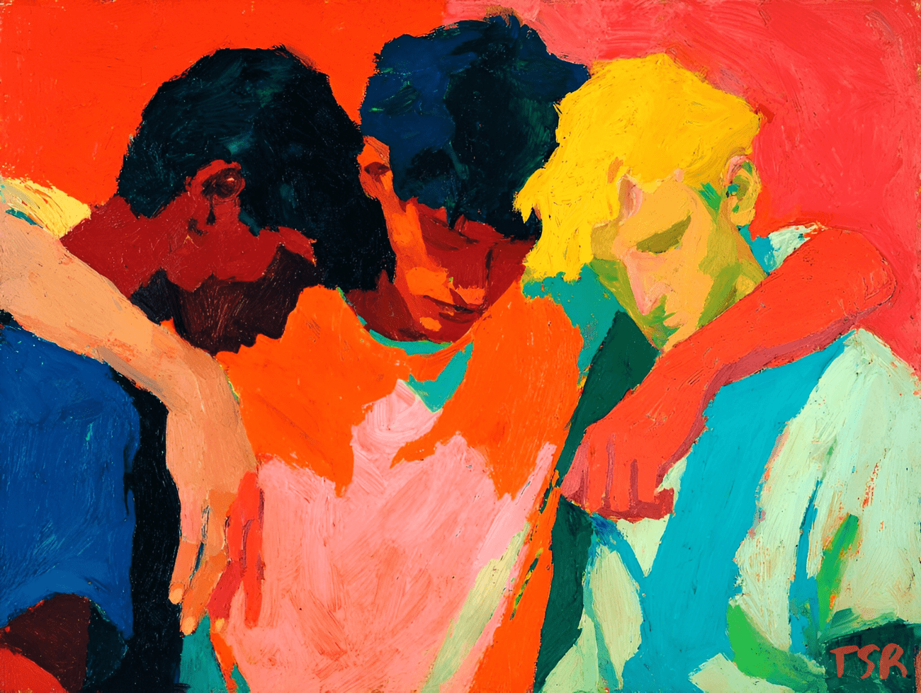 Three teenage boys huddle closely, the one in the middle with arms around the others’ shoulders; their heads nearly touch, conveying camaraderie tinged with slight tension.