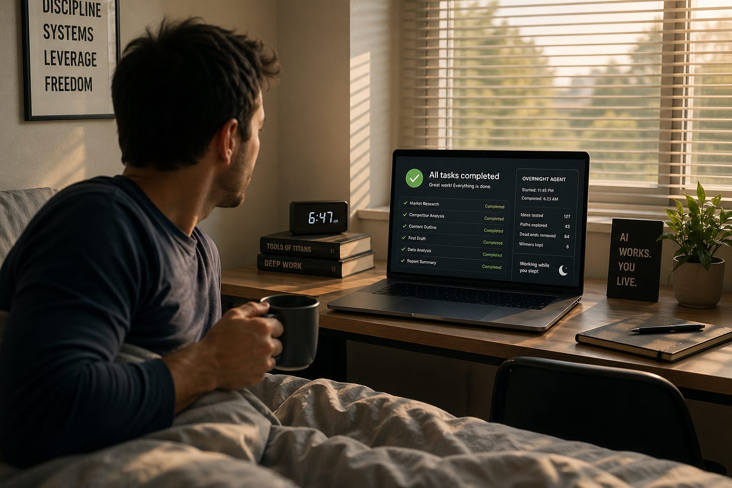 A man sits in bed holding coffee, looking at a laptop on a nearby desk displaying a dashboard showing all tasks completed overnight. A man sits in bed holding coffee, looking at a laptop on a nearby desk displaying a dashboard showing all tasks completed overnight.