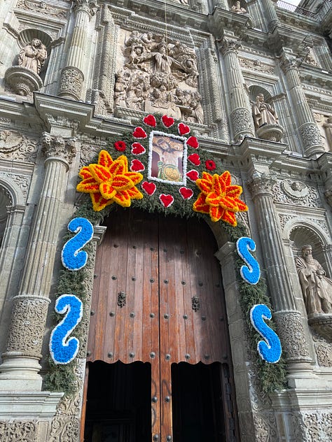 A nine image collage showing elaborate Día de Muertos decorations in the city.