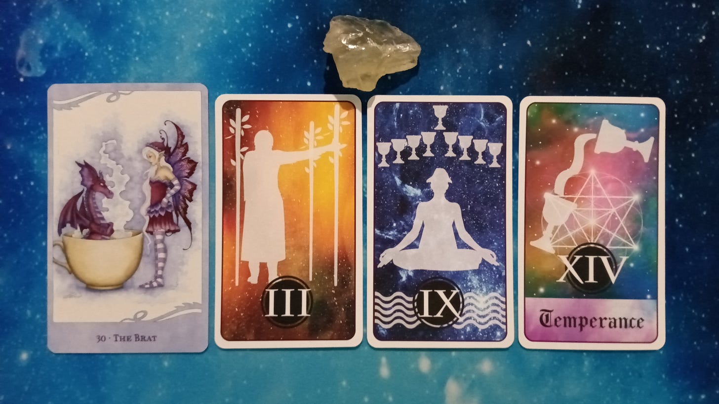 New Moon Pick-a-Card Tarot Reading for April 2025, Pile three (all)- Citrine Crystal, For the Love of Dragons Oracle card and three Celestial Tarot cards, face up