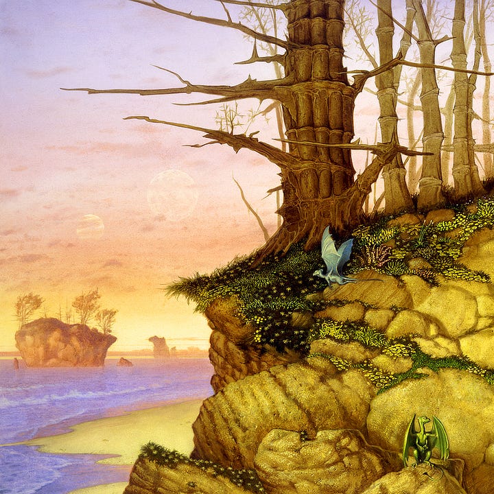 LEFT: Background detail from DRAGONSDAWN featuring islands rising from the blue lavender sea. On the foreground island, a leafless alien tree stands at the edge of a rocky hill. The trunk is comprises of short cylinders that form plateaus as if expressing a vertical growing cycle. Stiff pointy branches extend to the side like spears.  RIGHT: Figure detail from DRAGONSDAWN featuring a woman in a yellow jumpsuit emerging from a cave. She stands with arms outstretched. A tiny dragon perches on each forearm.
