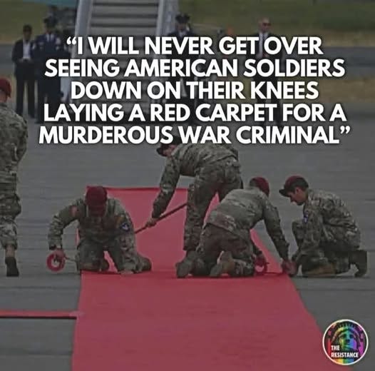 May be an image of 6 people and text that says '" WILL NEVER GET OVER SEEING AMERICAN SOLDIERS DOWN ON THEIR KNEES LAYING A RED CARPET FOR A MURDEROUS WAR CRIMINAL' RESISTANCE THE'