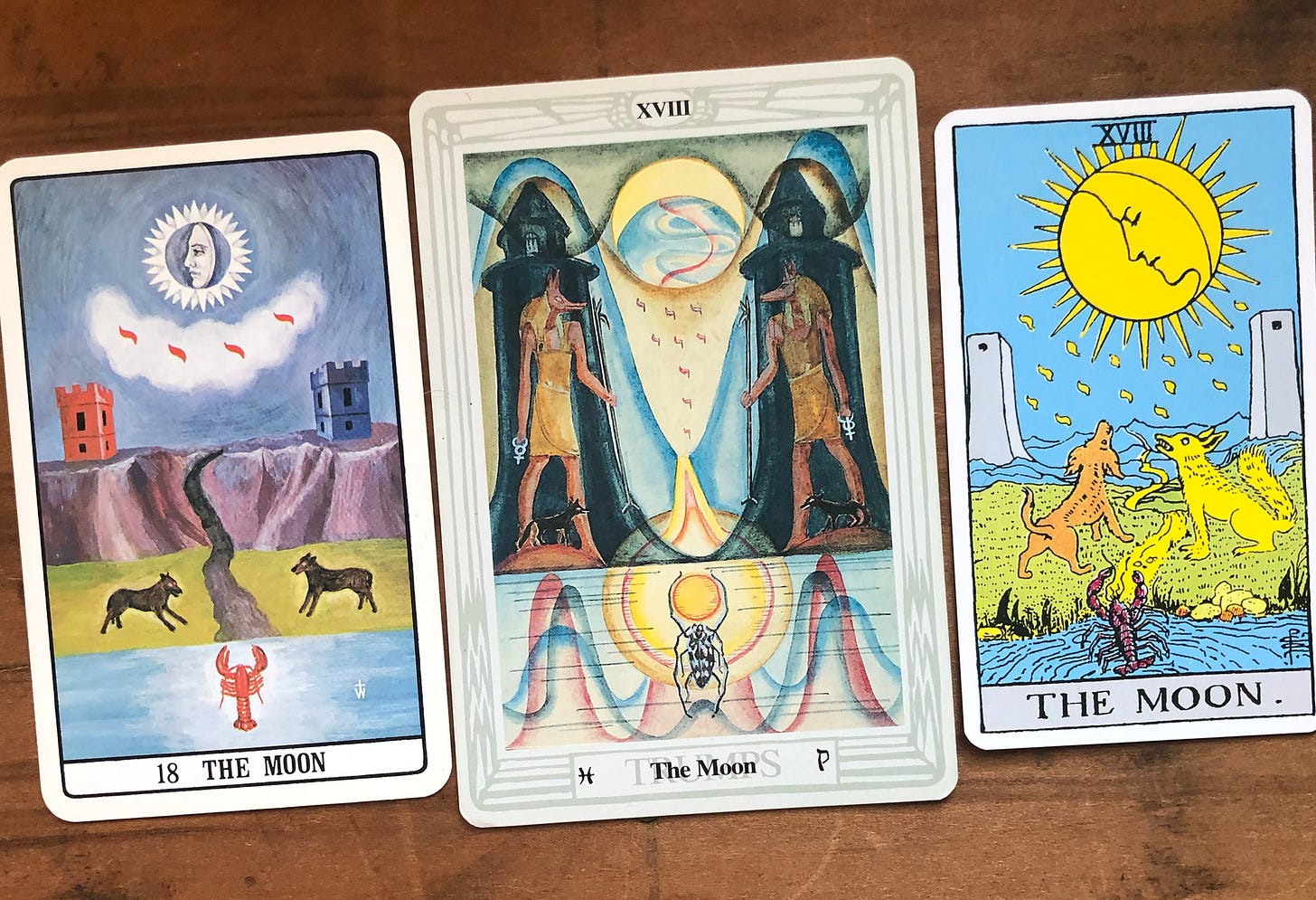 The Moon from The Golden Dawn Tarot, Thoth Tarot, and Rider-Waite Tarot