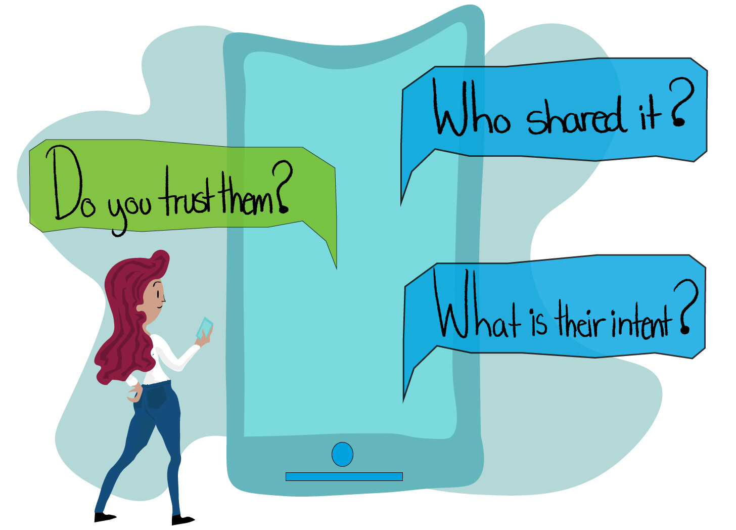 Illustration of a person holding a smartphone. The person, a woman with red hair, is standing in the bottom lefthand corner of the illustration. In the center of the illustration is a blown up version of a smartphone, with three text messages, which read: Who shared it? Do you trust them? What is their intent? The image is meant to illustrate the process of evaluating the credibility of information found online. 