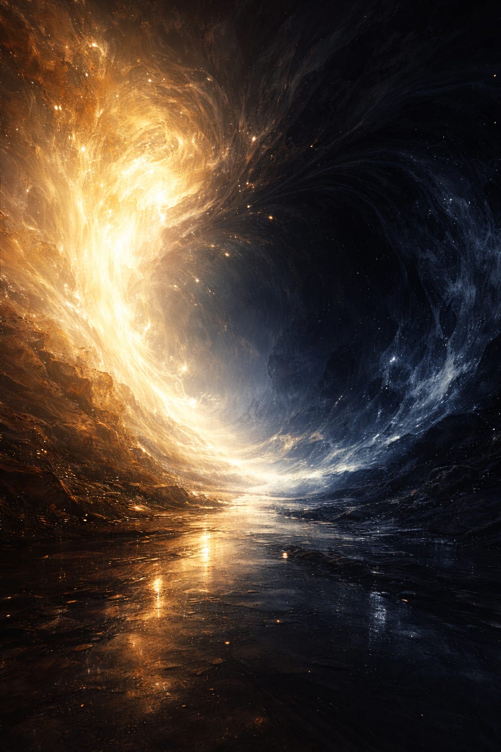 Abstract cosmic scene where a bright golden swirl of light on the left merges into deep blue-black shadow on the right, forming a vortex-like meeting point above a reflective surface, suggesting the balance of light and darkness. Abstract cosmic scene where a bright golden swirl of light on the left merges into deep blue-black shadow on the right, forming a vortex-like meeting point above a reflective surface, suggesting the balance of light and darkness.