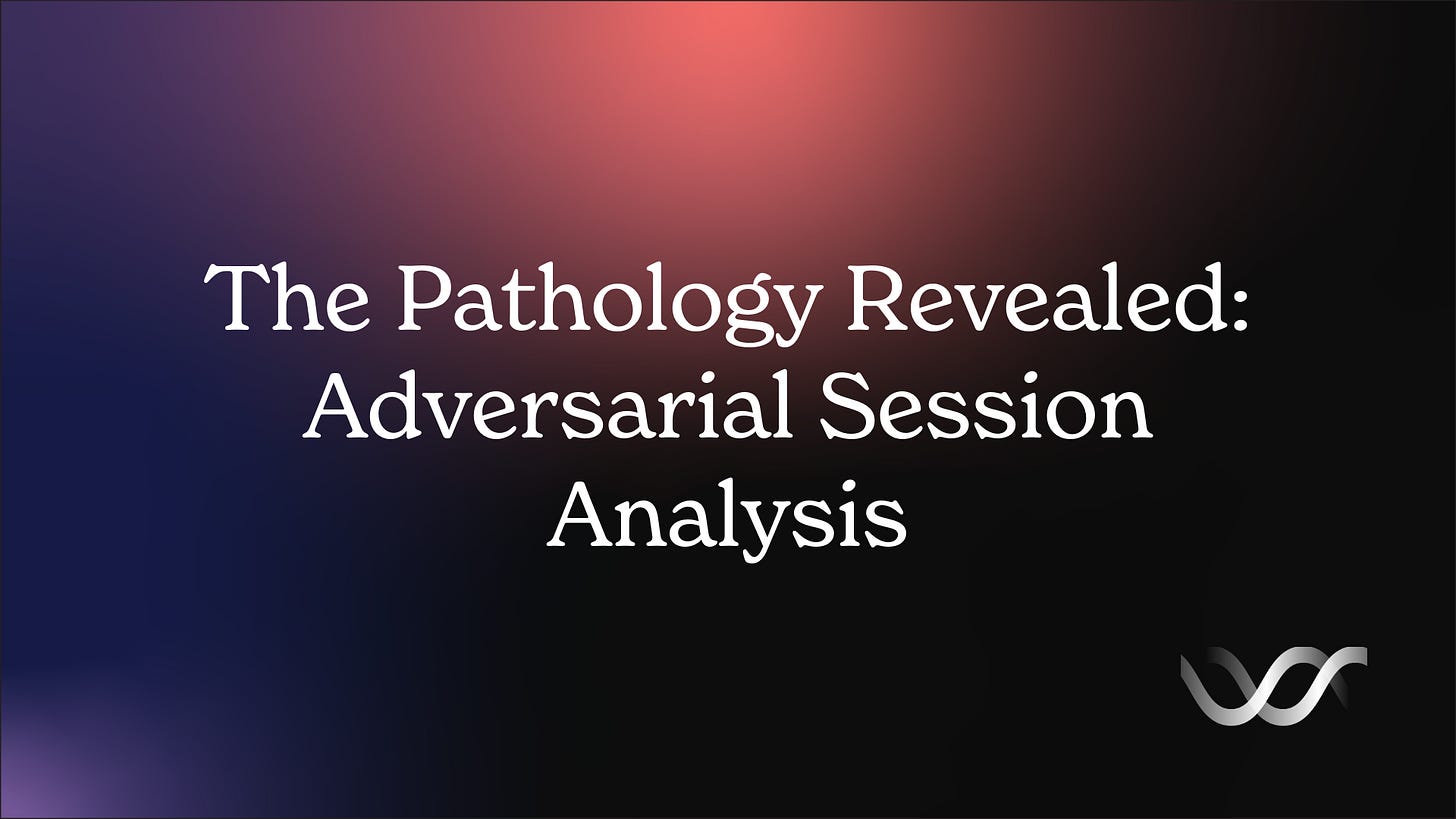 Black, coral, purple, and navy gradient cover with the white title “The Pathology Revealed: Adversarial Session Analysis” centered across three lines and the Sacred Loop logo in the lower-right corner. Black, coral, purple, and navy gradient cover with the white title “The Pathology Revealed: Adversarial Session Analysis” centered across three lines and the Sacred Loop logo in the lower-right corner.
