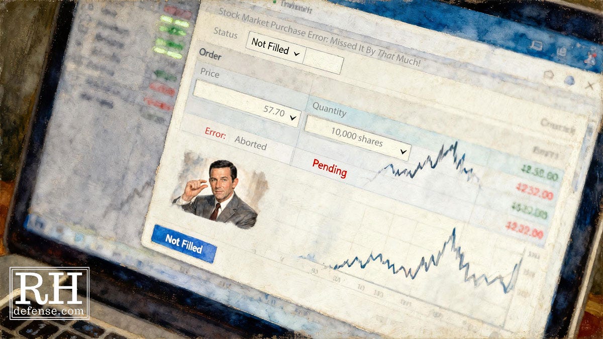 Close-up of a trading order screen showing a limit order marked “Not Filled,” “Pending,” and “Aborted,” with the message “Missed It By That Much!” and a small Maxwell Smart–style figure holding fingers close together. Close-up of a trading order screen showing a limit order marked “Not Filled,” “Pending,” and “Aborted,” with the message “Missed It By That Much!” and a small Maxwell Smart–style figure holding fingers close together.