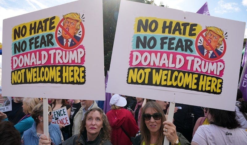 Protesters against the visit of US President Donald Trump gather in Dublin, Saturday, Sept. 12, 2026.(AP Photo/Kin Cheung) Protesters against the visit of US President Donald Trump gather in Dublin, Saturday, Sept. 12, 2026.(AP Photo/Kin Cheung)