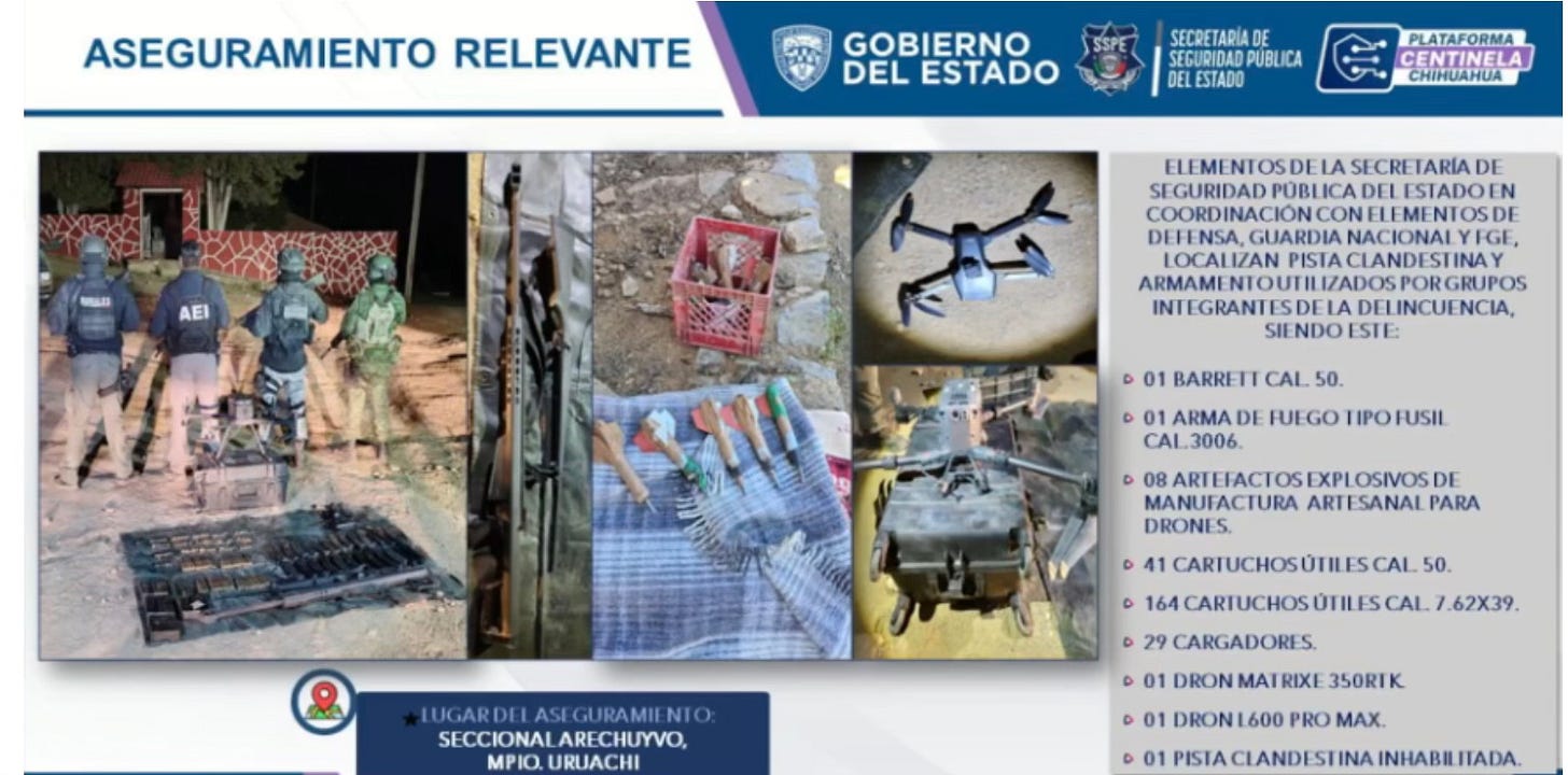 Chihuahua state officials display items seized from drug cartel members in southern Chihuahua, including drones used to drop bombs on soldiers. Chihuahua state officials display items seized from drug cartel members in southern Chihuahua, including drones used to drop bombs on soldiers.