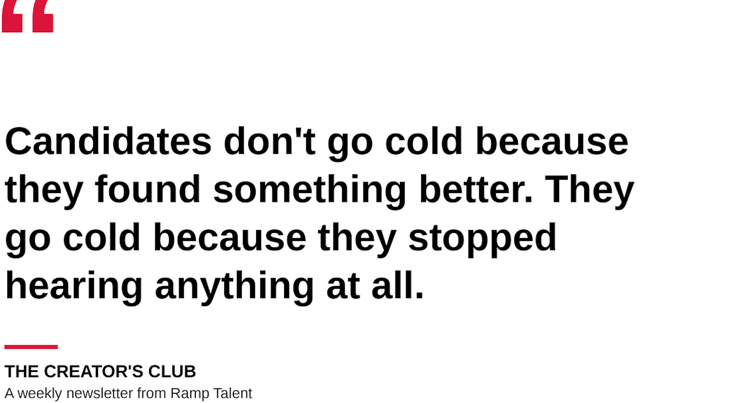 Quote graphic: 'Candidates don't go cold because they found something better. They go cold because they stopped hearing anything at all.' The Creator's Club, a hiring newsletter from Ramp Talent. Quote graphic: 'Candidates don't go cold because they found something better. They go cold because they stopped hearing anything at all.' The Creator's Club, a hiring newsletter from Ramp Talent.