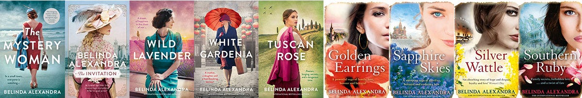 9 of Belinda Alexandra's books side-by-side in an image