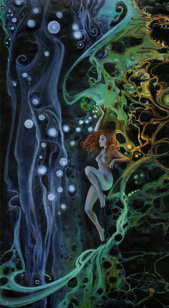The background is an abstraction of paint patterns with the left half of the panel spectral black, gray, and white. The right half is yellows and greens. Among the swirls of paint is a nymph posed naked with her left knee raised. Her red hair lifts with the currents. She reaches up with her right hand. A trail of bright white orbs radiates growing as they move outward to the left. The background is an abstraction of paint patterns with the left half of the panel spectral black, gray, and white. The right half is yellows and greens. Among the swirls of paint is a nymph posed naked with her left knee raised. Her red hair lifts with the currents. She reaches up with her right hand. A trail of bright white orbs radiates growing as they move outward to the left.